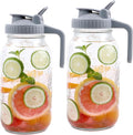 Mason Jar Pitcher Wide Mouth 2 Pack 64 OZ Glass Pitcher With Pour Spout Lids Airtight Leak-proof 2 Quart Water Carafe With Handle For Beverage, Iced Tea, Milk, Sun Tea, Lemonade, Iced Coffee