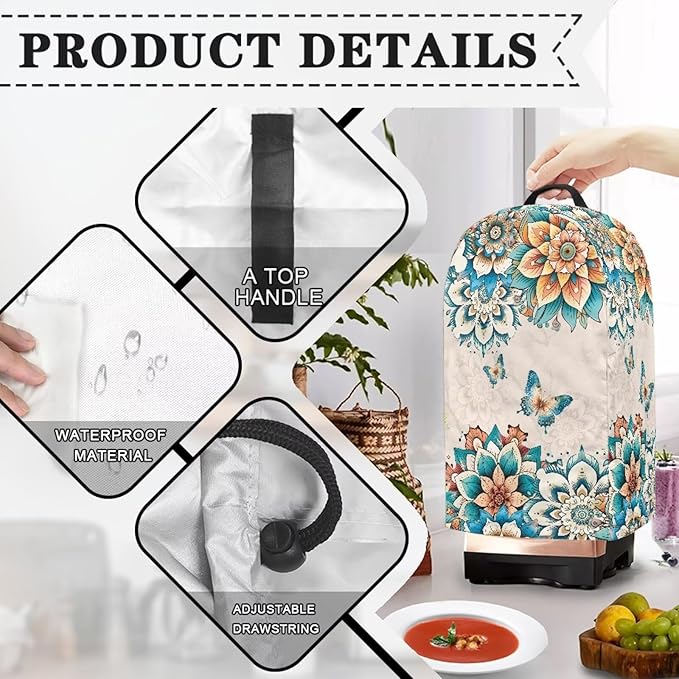 Floral Butterflies Blender Dust Cover Kitchen Appliance Oil-Proof Food Processor Protective Cover with Top Handle Keep Your Kitchen Clean Colorful Decor