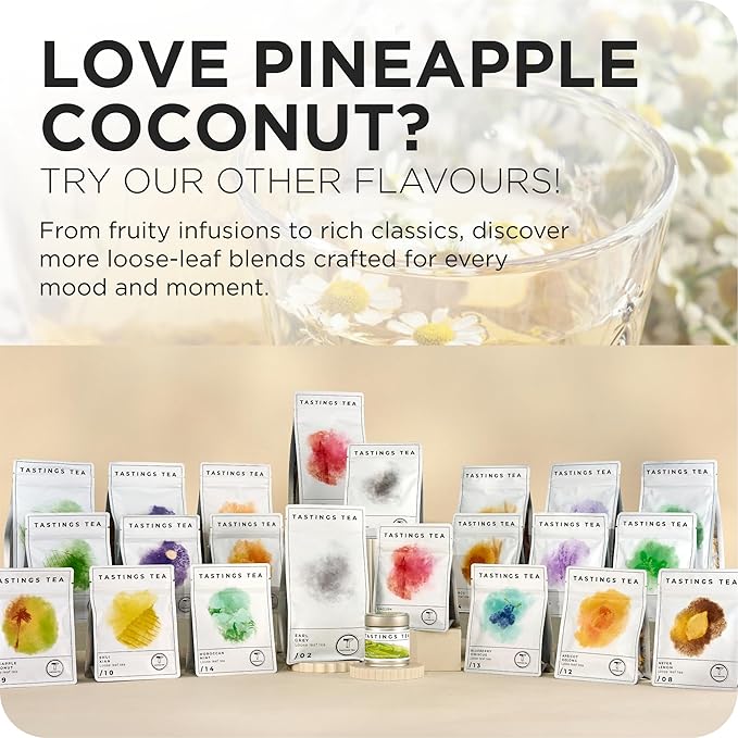 Tastings Tea Pineapple Coconut Loose Leaf, 2.25 oz | Tropical Black Blend & Fruit Infusion | Medium Caffeine | Naturally Sweet & Energizing | Small Batch & Sustainably Sourced | Resealable Pouch
