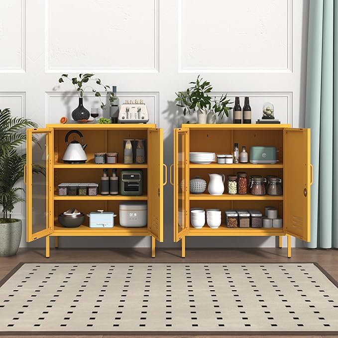 Lockable Metal Storage Locker Djustable Shelves Modern Cabinets Versatile Storage Lockers Easy Assembly Durable Metal Furniture Garage Tool Cabinet Yellow Size：33" H X 29.5" W X 13.8" D