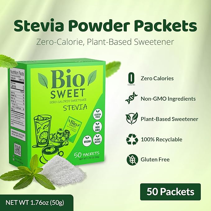 BioSweet Zero Bitterness Stevia Packets | Zero Calorie Sweetener | Non GMO, Natural, Gluten Free, Vegan | Nothing Artificial (50 Packets)