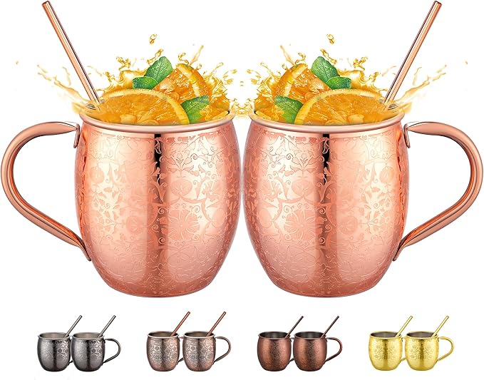 Moscow Mule MugsSet of 2-18 Oz Copper-Plated Fine Craftsmanship Etched Mugs,304 Stainless Steel-Lined Mule Cups,For Cold Drinks, Beer, Wine, Bars, Parties