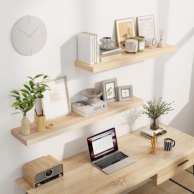 Fun Memories Floating Shelves, 9.3 Inch Deep Solid Pine Wood Wall Shelves for Storage, Wall Mounted Display Shelf with Invisible Heavy-Duty Metal Bracket, 55 Inch Width, Unfinished - DIY Stain