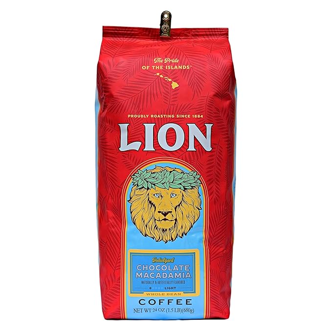 Lion Coffee Chocolate Macadamia Flavored Whole Bean Coffee, Light Roast, Hawaiian Inspired Taste - 24 Ounce Bag
