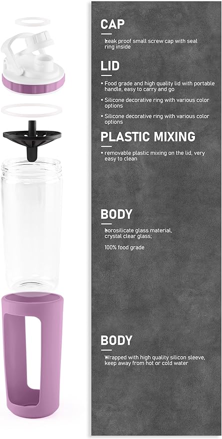 Glass Shaker Cup Odorless BPA Free– Glass Shaker Bottle for Protein 26oz Durable Borosilicate Glass, Leak-Proof & BPA-Free – Ideal for Creamy Protein Shakes, Smoothies & Workout Drinks (Lilac)