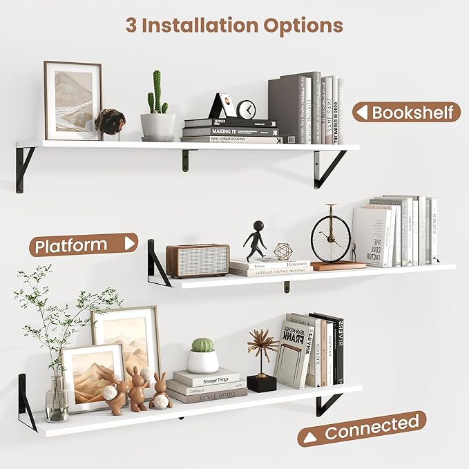Axeman White Floating Shelves for Wall 40 Inch | 39.4W x 8D Rustic Wood Floating Shelves Set of 2 | 8" Deep Long Wall Shelves for Bathroom Kitchen Living Room | Bookshelf Display Shelves - White