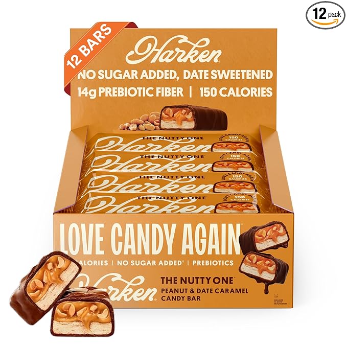 Harken Sweets The Nutty One, Oat Milk Chocolate Candy Bars with Peanuts and Date Caramel, Sweetened with Dates and No Sugar Added, High Fiber, Gluten-Free, Plant-Based, 12 Bars
