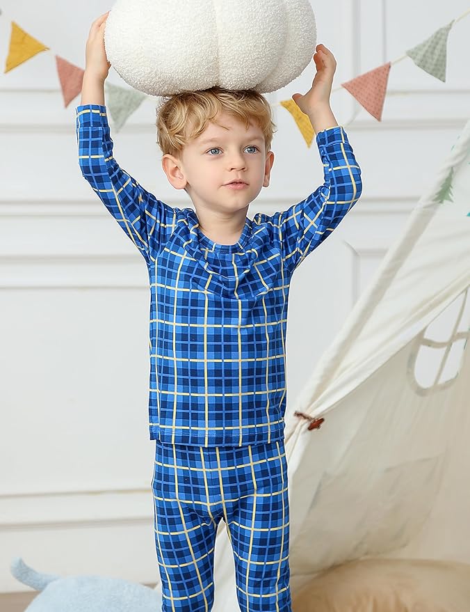 JunNeng Bamboo Viscose Pajamas for Toddler Boys, Baby Kids Diamond Pajamas Snug Fit Long Sleeve Sleeper