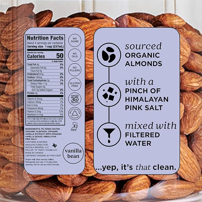 Mooala Organic Simple Almondmilk Vanilla- Shelf Stable Single Serve Cartons, 4 Ingredients, No Gums, No Oil, No Fillers, Dairy Free Plant Based Milk, On The Go 12 Pack