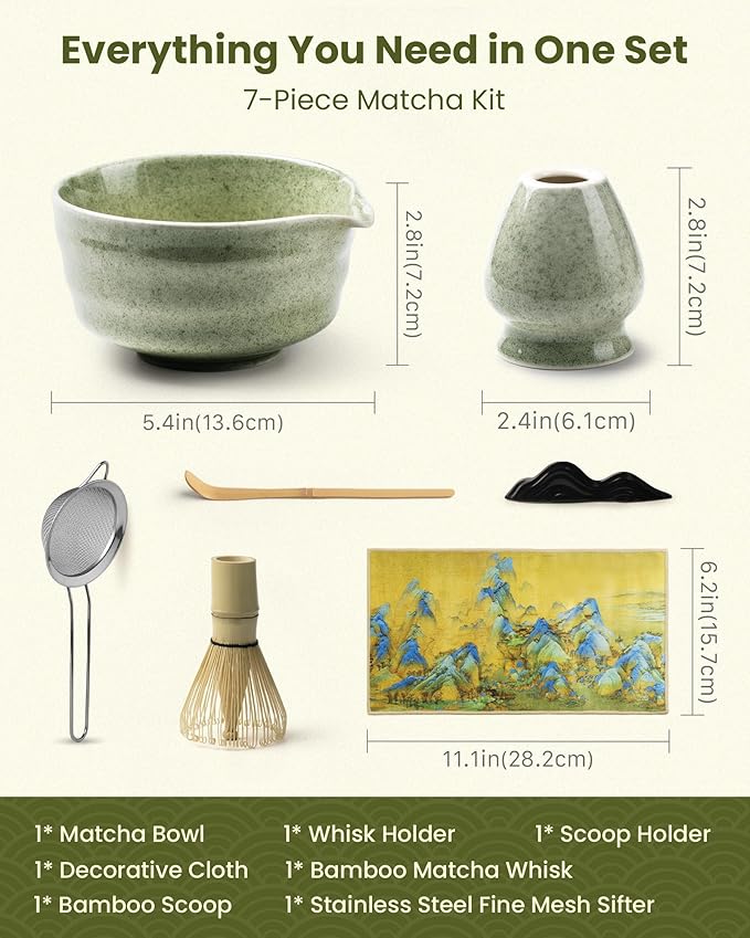 Handcrafted Matcha Kit, 7-Piece Green Tea Set, Includes Ceramic Bowl, Bamboo Whisk, Stainless Steel Sifter, Bamboo Scoop, Whisk Holder & Cotton Towel, Perfect for Tea Ceremony, Green Xiheng