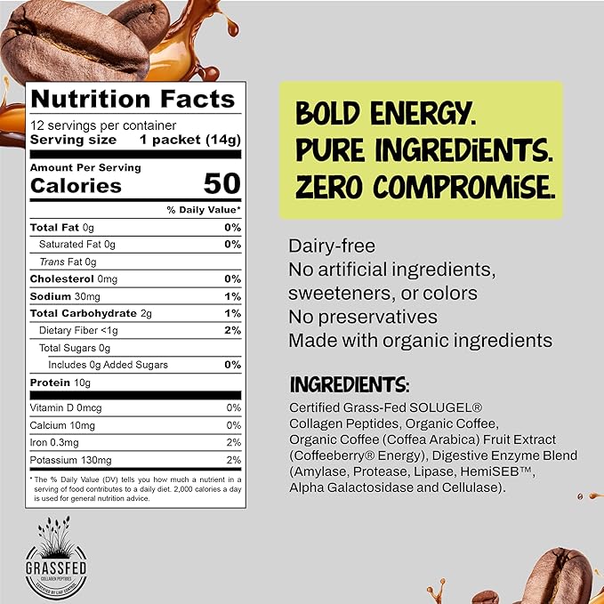 Projo* Power Coffee – Instant Coffee with 10g Protein - Grass-Fed Hydrolyzed Bovine Collagen & 225mg Caffeine – Organic, Unsweetened, Medium Roast – Bold Black – 12 Single-Serve Packets