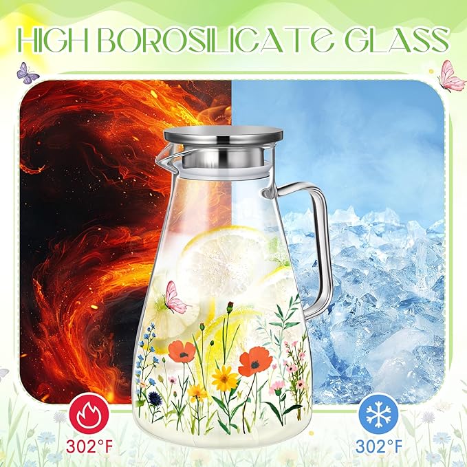 Domensi 74 oz / 2200 ml Glass Pitcher with Lid Water Pitcher with Handles Beverage Water Jar Glass Jug Hot and Cold Resistant Carafe for Tea Juice Milk Coffee Iced Beverage(Wild Flower)