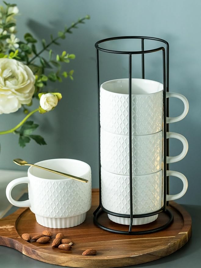 LYEOBOH Stackable Coffee Mugs with Rack, 13 oz Ceramic Coffee Mug Set of 4 with Stand, Latte Cup with Spoon, Cappuccino Cups for Hot Cocoa, Milk, White