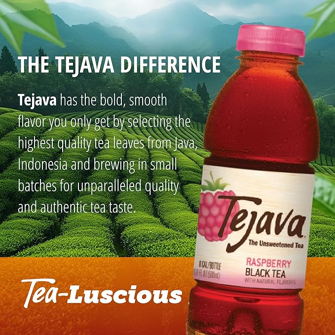 Tejava Unsweetened Raspberry Black Iced Tea, 16.9oz PET Bottles, Award Winning, Non-GMO-Verified, from Rainforest Alliance-Certified farms (12 Pack)