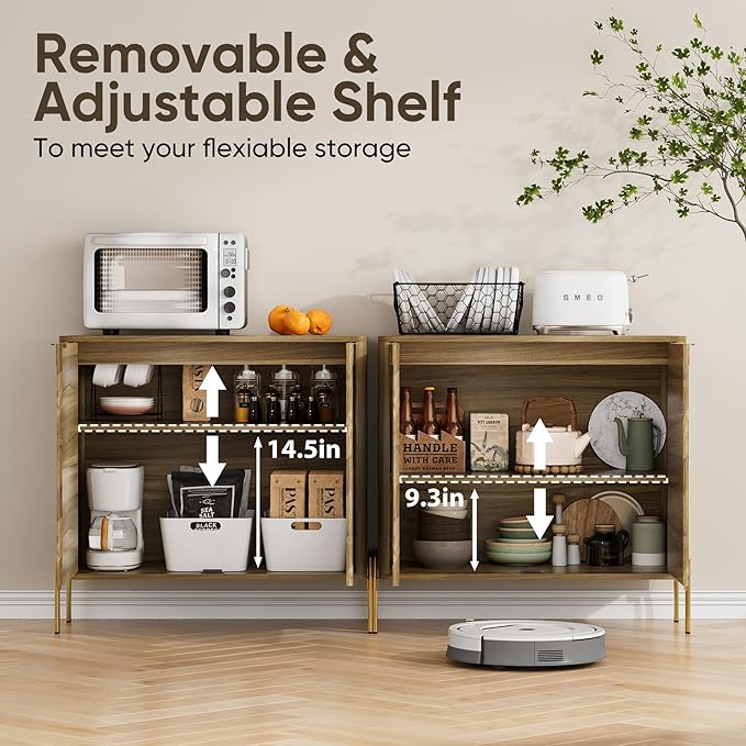 Sideboard Buffet Cabinet with Storage, Mid-Century Modern Kitchen Storage Cabinet with Adjustable Shelf and Circular Inlay Doors, Wooden Cupboard for Kitchen, Entryway