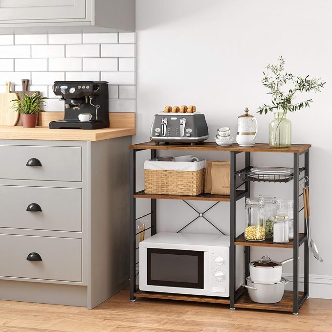 VASAGLE Baker's Rack, Coffee Bar Stand with Charging Station, 33 Inches Tall, Storage Shelves, Pull-Out Wire Basket, Table for Microwave, Kitchen, Rustic Brown and Ink Black UKKS90X
