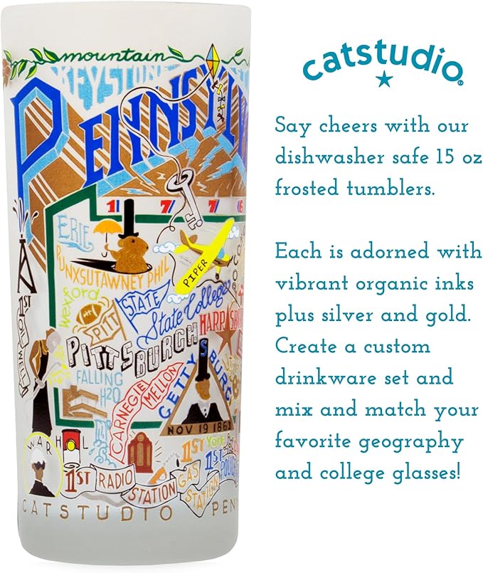 Catstudio Drinking Glass, Pennsylvania Frosted Glass Cup for Kitchen, Drinking Glasses, 15oz Dishwasher Safe Tumbler for Pennsylvania Lovers