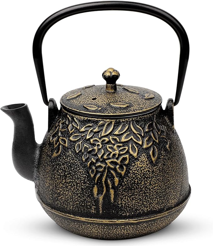 Tea Kettle, TOPTIER Japanese Cast Iron Tea Pot for Stove Top, Cast Iron Teapot Humidifier for Wood Stove, Leaf Design Tea Kettle Coated with Enameled Interior for 32 Ounce (950 ml), Black