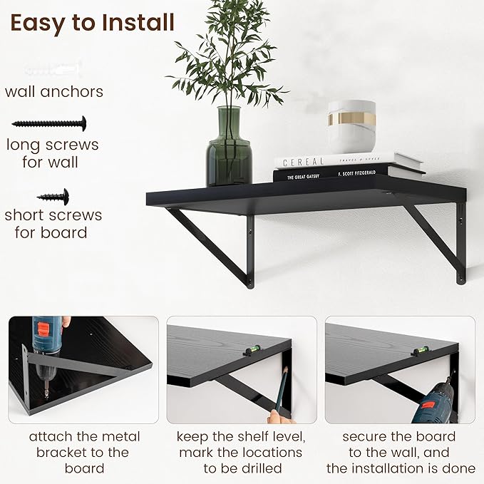 Axeman Deep Floating Shelves - 20 Inch Black Floating Shelves Set of 2-12 Inch Deep Wood Wall Shelves for Living Room Bathroom Kitchen
