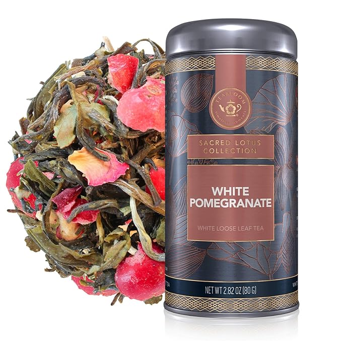 Teabloom White Pomegranate Loose Leaf Tea, Distinctive and Delicate White Tea, Certified Kosher, Fresh Whole Leaf Tea in Reusable Gift Canister, 2.82 oz/80 g Canister Makes 35-50 Cups
