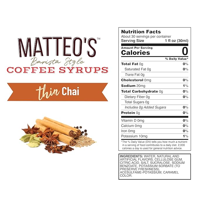 Matteo's Chai Syrup for Coffee, Lattes, Cappuccinos & Desserts – Sugar-Free Sweetener for Beverages, Keto Friendly, Zero Calories, Indulgent Flavor, Non-Alcoholic, Ideal for Hot Drinks 33.8oz (1pk)