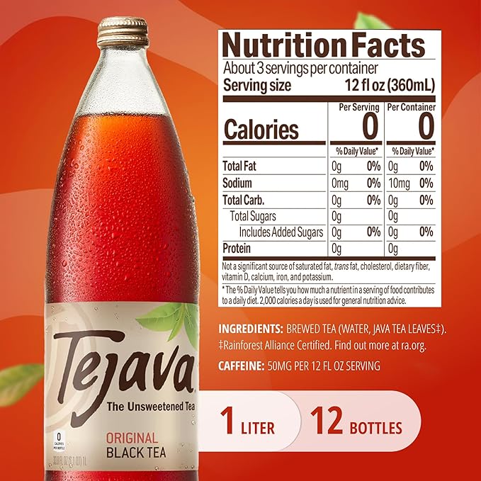 Tejava Original Unsweetened Black Iced Tea, 12 Pack, 1 Liter Glass Bottles, Non-GMO, Kosher, No Sugar or Sweeteners, No calories, No Preservatives, Brewed in Small Batches