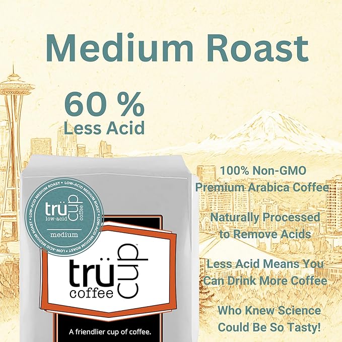 trücup Low Acid Coffee, Whole Bean Coffee Medium Roast 2 LB, Natural Water&Steam Process (60% Less Acid), Smooth Flavor, Stomach-Friendly Rich in Antioxidants