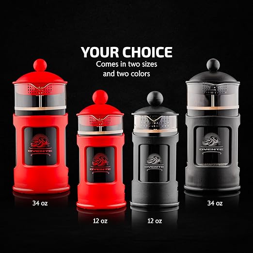 OVENTE French Press Coffee Maker 34 Ounce with Heat Resistant Borosilicate Glass & Stainless Steel 4-Level Filtration System, Portable Cold Brew Coffee Maker for Travel, Camping or Gift, Red FPT34R