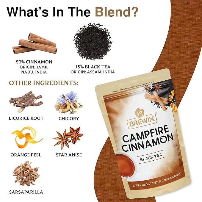BREWIX, Campfire Cinnamon Black Tea (30 Pyramid Tea Bags) | Black Tea with Orange & Cinnamon | Sweet and Spicy Tea | Energy Tea
