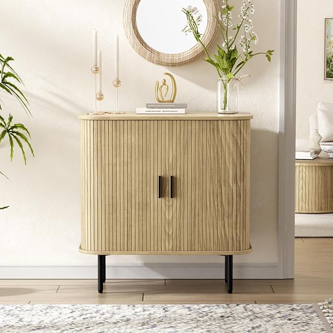 31''W Natural Buffet Sideboard Cabinet with Storage, Fluted Storage Cabinet with Curvy Edge; Sliding Door, Freestanding Accent Credenza, Console Table for Living Room, Kitchen, Hallway