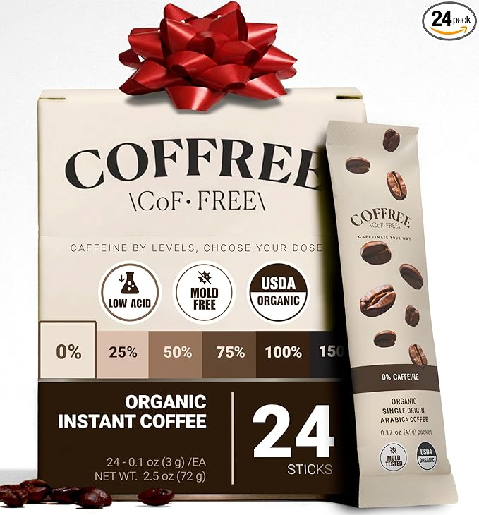 COFFREE Organic Instant Coffee Packets - 0% Decaf, Low Acid, Mold Free Coffee Made with Arabica Coffee Beans - Smooth & Balanced Taste - Hot or Cold Single Serve Travel Packets 24 Pack Box