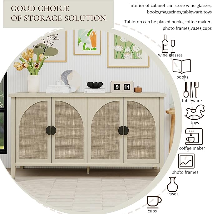 Sideboard Buffet Cabinet, 4-Door Rattan Storage Cabinet, Coffee Bar with Adjustable Shelf, Accent Furniture for Living Room, Dining Room, Home Office, Natural