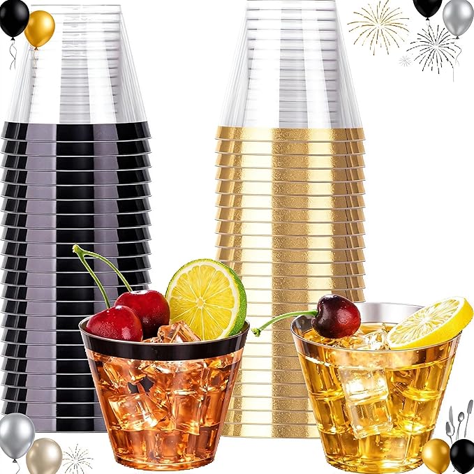 WELLIFE 120PCS Black and Gold Cups,9 OZ Clear Plastic Cups,Disposable Wine Glasses for Parties,Plastic Cocktail Glasses(60 Gold, 60 Black)