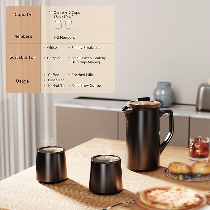 DHPO Ceramic French Press Coffee Maker, 22oz Single Serve Coffee Press with Walnut Wood Lid, Lead-Free, Food Grade Stainless Steel Filter with Dual Screen for Coffee and Loose Tea, Black