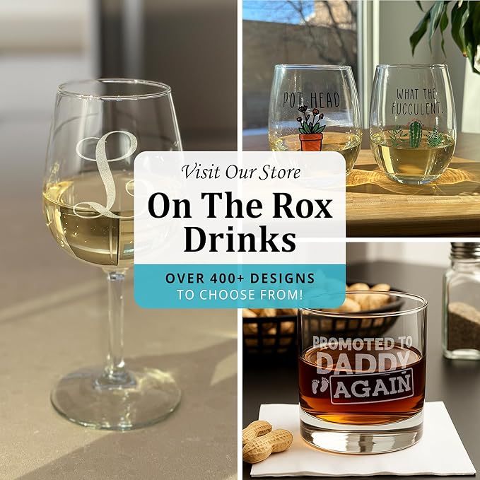 On The Rox Drinks Personalized Whiskey, Bourbon Glass Gifts for Men - 11 oz Engraved Name Monogram Scotch Tumbler Set of 4 - Customized Cocktail, Rocks, Brandy Glass