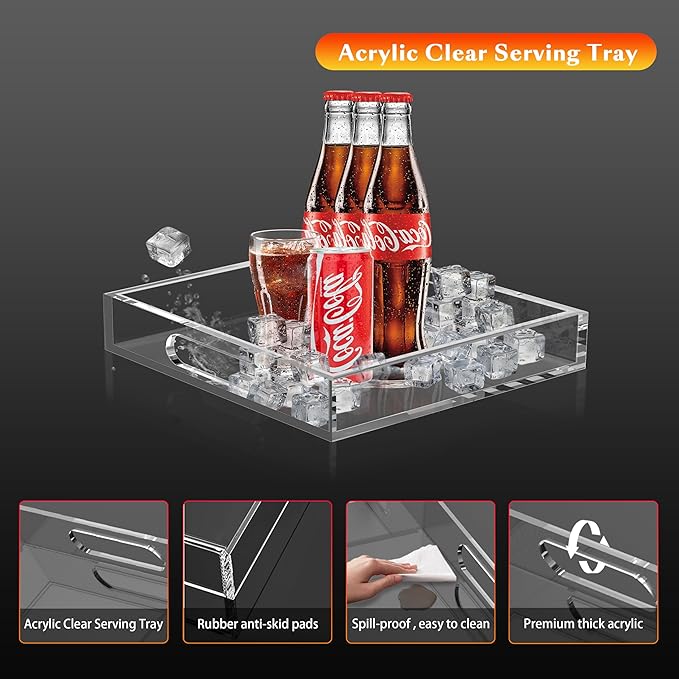 2 Pack Clear Serving Trays with Handle 11X11 -Lucite Acrylic Tray Set for Serving Food- 6mm Thick Small Stackable Bathroom Organizer-(11x11X2.4,10.2x10.2X2.4)