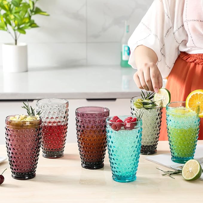 G Light Blue Hobnail Drinking Glasses 13 oz 6 Set, Premium Hobnail Highball Glasses,Vintage Glassware For Soda,Juice,Milk,Coke, Beer,Spirits In Dinner Parties, Stackable, Dishwasher Safe For Daily Use