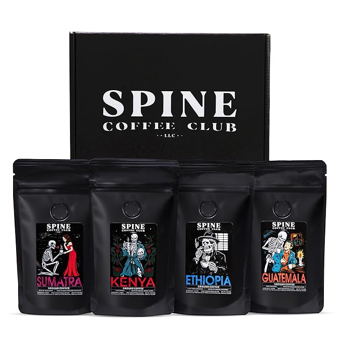 Spine Coffee Club LLC 4-Pack Gourmet Coffee Sampler Gift Box Set with Ethiopia, Sumatra, Guatemala, Kenya Single Origin Selection – Ground Coffee