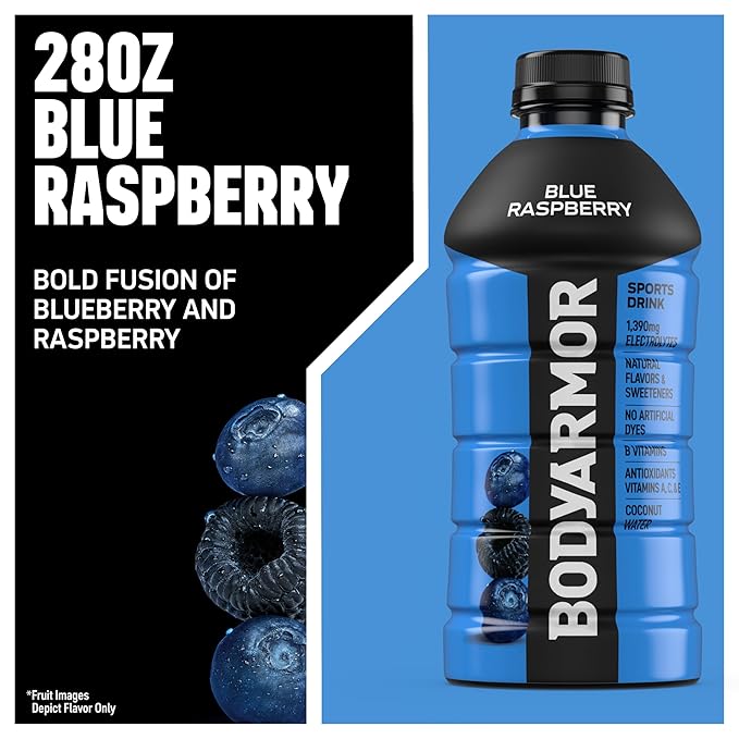 BODYARMOR Sports Drink, Blue Raspberry, Electrolyte Drink Hydration, 28 Fl Oz Bottles (15 Pack), Flavored Coconut Water with B Vitamins & Antioxidants