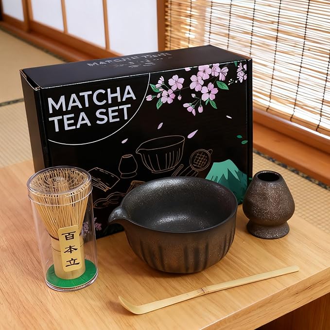 4 PCS Matcha Whisk Set, Matcha Kit Includes Ceramic Matcha Bowl with Spout, Bamboo Whisk, Bamboo Scoop and Ceramic Holder for Tea Matcha Lover, Gilded