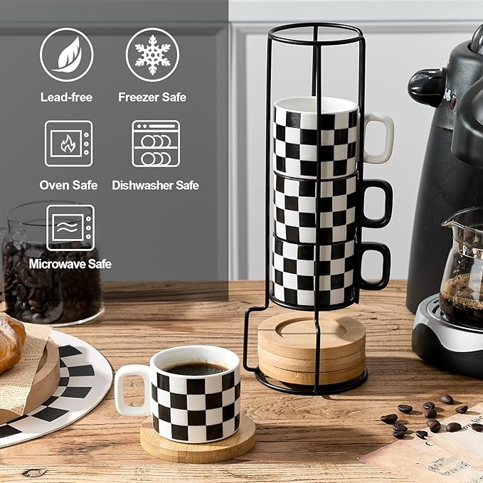 LUKA Ceramic Stackable Black and White Checkered Espresso Cups with Saucers and Metal Stand, 4 Ounce Small Demitasse Cups Set for Coffee Drinks, Latte, Tea - Set of 4