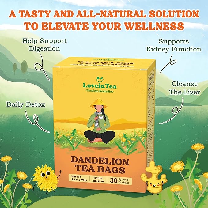 LoveinTea Dandelion Herbal Tea Bags, Detox Tea, 100% Natural Vietnamese Dandelion Blend, Caffeine-Free, Plant-Based Pyramid Bags, 30 Count