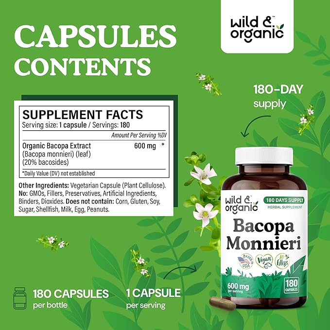 Wild & Organic Bacopa Monnieri Capsules 600 mg - Brain Support - Natural Bacopa Supplements - Brahmi Capsules - 180 Days of Supply - Vegan, No Fillers, Non-GMO - 180 Count