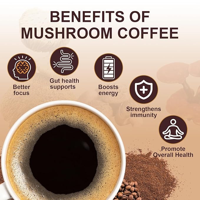 Mushroom Coffee,Instant Coffee with 6 Adaptogenic Mushrooms (Cordyceps, Lion’s Mane, Shiitake, Turkey Tail) for Better Energy, Focus, Positive Mood & Immune Support - 30 Servings