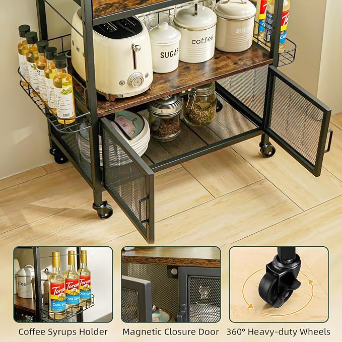 Coffee Bar Cart with Wheels, 5-tier Coffee Bar Table, Kitchen Coffee Bar Cabinet with Storage, Rustic Coffee Bar, Rolling Coffee Cart, Coffee Nook, Corner Coffee Bar Station with Drawer, Bakers Rack
