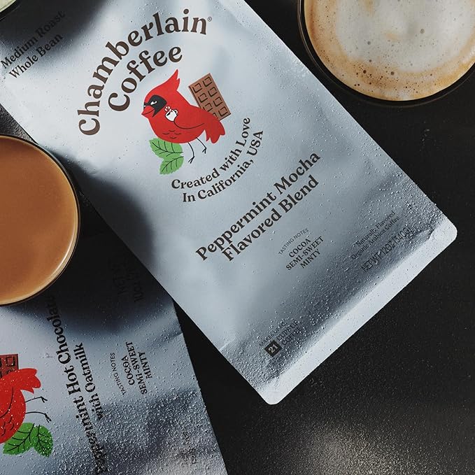 Chamberlain Coffee Clever Cardinal Peppermint Mocha Blend – Medium Roast Ground Coffee, Well-Balanced with Rich Dark Chocolate and Peppermint Notes, Freshly Roasted in California - 12 oz