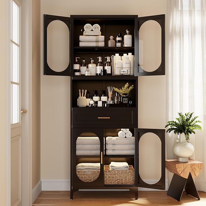 75" Tall Kitchen Pantry Cabinet,Metal Storage Cabinets with 4 Glass Doors and Adjustable Shelves,Freestanding Display Cupboard for Dining Room,Living Room,Hallway,Bathroom,Black