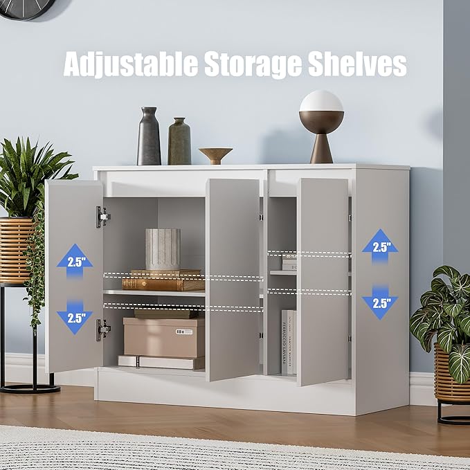 Buffet Cabinet with Storage, Coffee Bar Cabinet with 3 Doors and Adjustable Shelf, Modern Kitchen Buffet Sideboard for Living Room, Kitchen, White