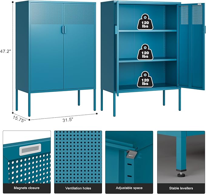 Blue Metal Storage Cabinet - 3 Tier Steel Office Storage Cabinet with Doors and Shelves for Home, Office and Kitchen