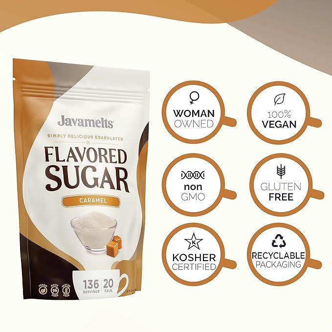 Javamelts Caramel Flavored Sugar | Pure Cane Sugar for Baking, Coffee Syrup Substitute, Cocktails, Tea | Non GMO, Non Dairy, Gluten Free, Kosher | 1.5 Pound Bag (136 Servings)